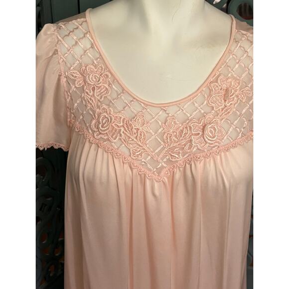 Women's Vintage Shadow Line Long Negligee-Apricot-Rose Applique-Flutter Sleeve-M - Picture 2 of 6
